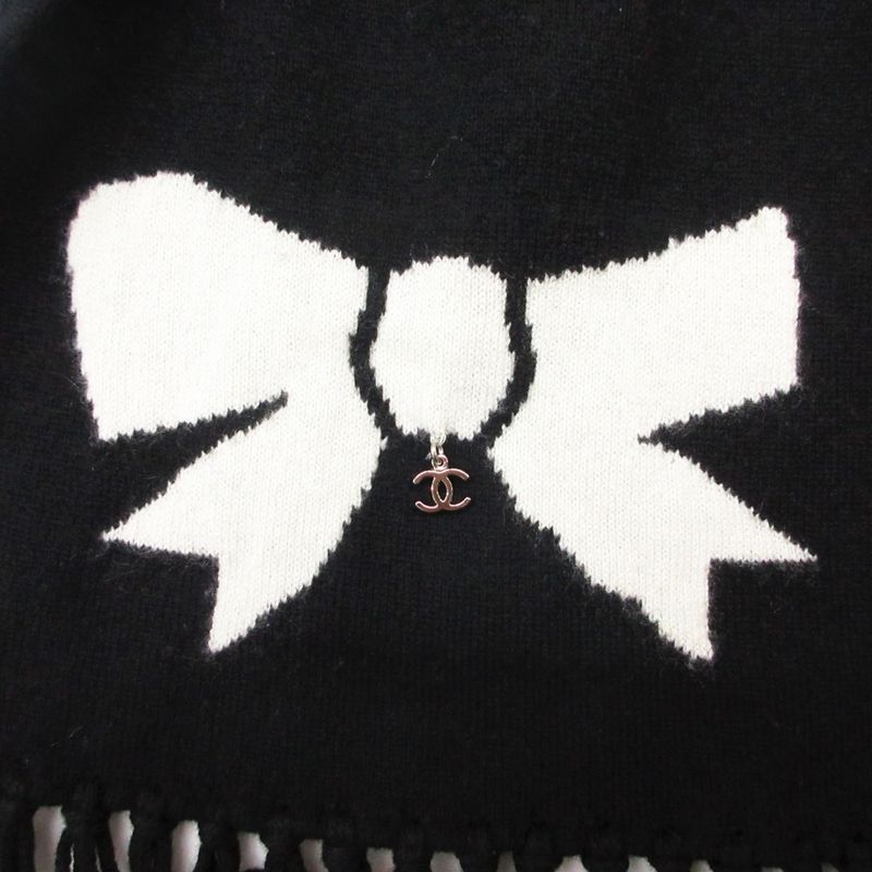 Chanel Scarf Cashmere Ribbon CC Logo Charm Shirt Motif 26 204 cm Black