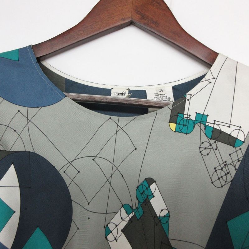 Hermes Top Twill Laine Blouse Top Long Sleeve Silk Cashmere Blend Navy