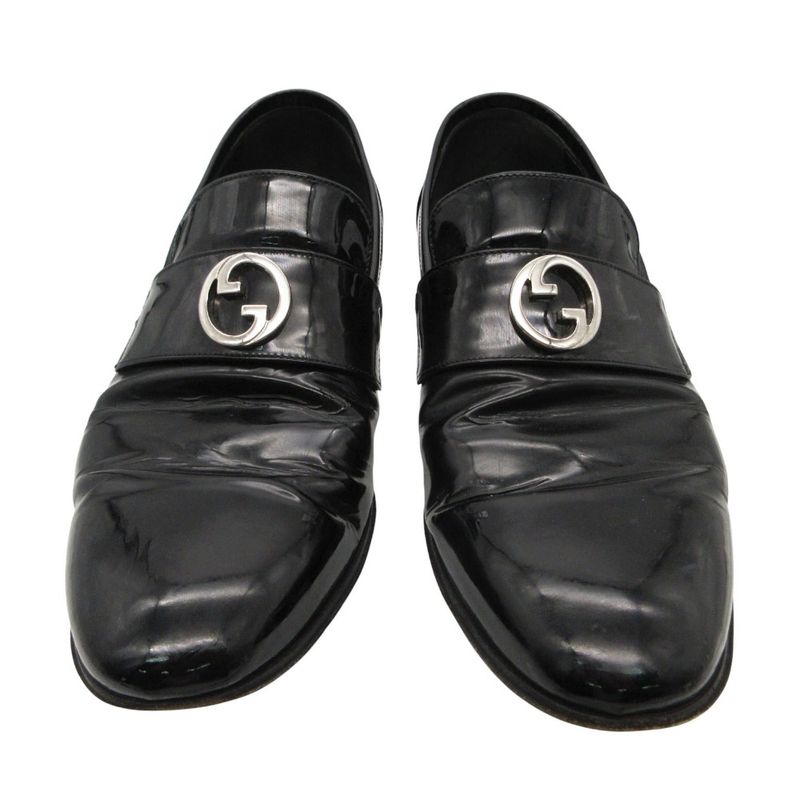 Gucci Loafers Interlocking Patent Leather Shoes Black 9