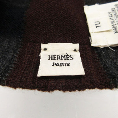 Hermes Knit Cap le Mer Era Cashmere Jacquard Border Beanie Hat Charcoal Legre