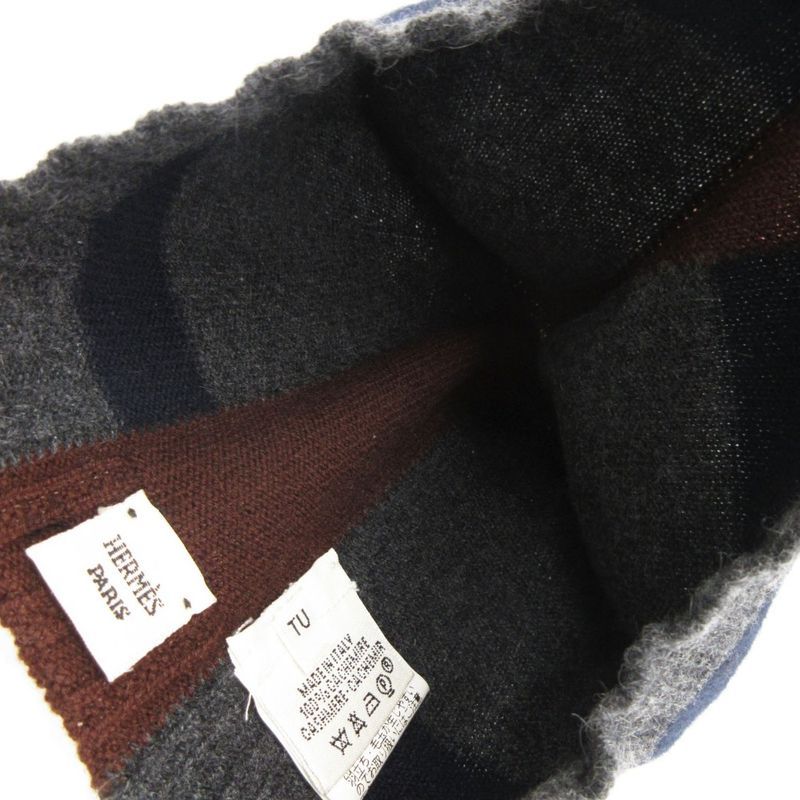 Hermes Knit Cap le Mer Era Cashmere Jacquard Border Beanie Hat Charcoal Legre