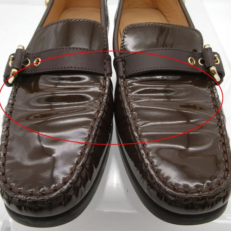 Louis Vuitton Loafers Driving Shoes Moccasins Slip on Enamel Gold Buckle Brown