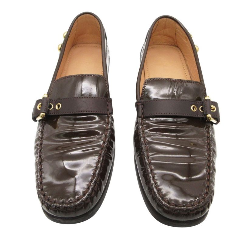 Louis Vuitton Loafers Driving Shoes Moccasins Slip on Enamel Gold Buckle Brown