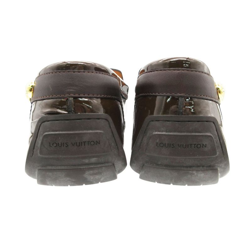 Louis Vuitton Loafers Driving Shoes Moccasins Slip on Enamel Gold Buckle Brown