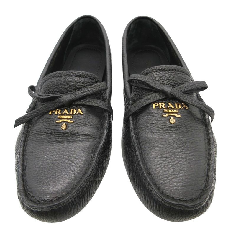 Prada Loafers Logo Gold Ribbon Driving Shoes Black 36