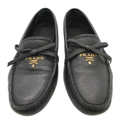 Prada Loafers Logo Gold Ribbon Driving Shoes Black 36