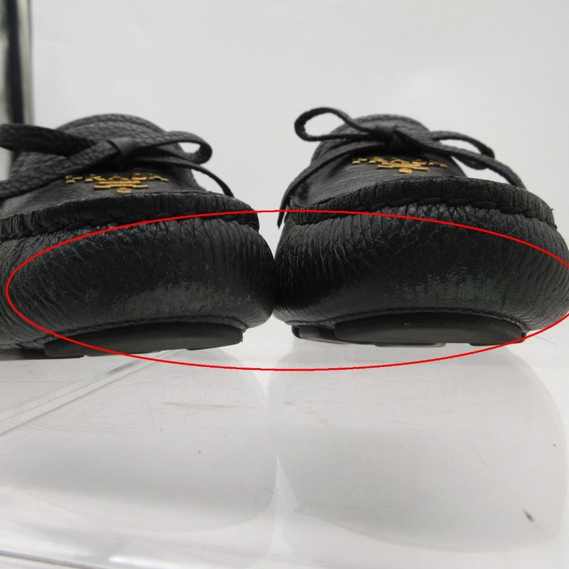 Prada Loafers Logo Gold Ribbon Driving Shoes Black 36