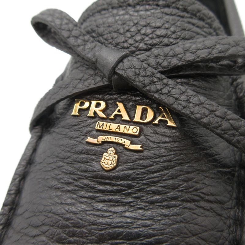 Prada Loafers Logo Gold Ribbon Driving Shoes Black 36