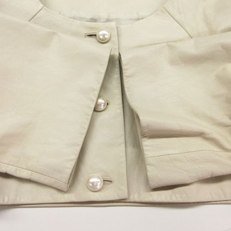 Chanel Jacket Pearl Button Lamb Leather Cropped Ivory