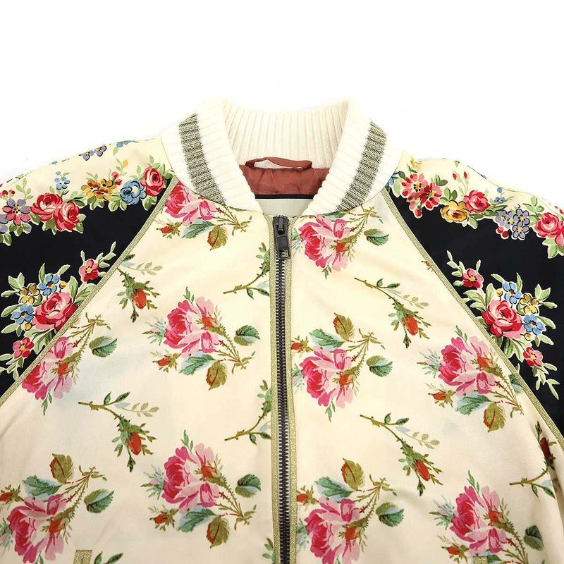 Gucci Fication Flower Silk Bomber Jacket Ivory Black 38