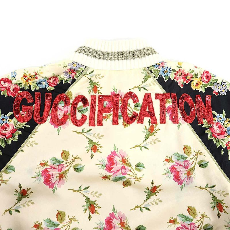 Gucci Fication Flower Silk Bomber Jacket Ivory Black 38