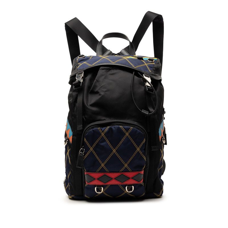 Prada Patchwork Quilted Backpack Black Multicolor Nylon Saffiano Leather