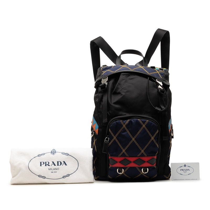 Prada Patchwork Quilted Backpack Black Multicolor Nylon Saffiano Leather