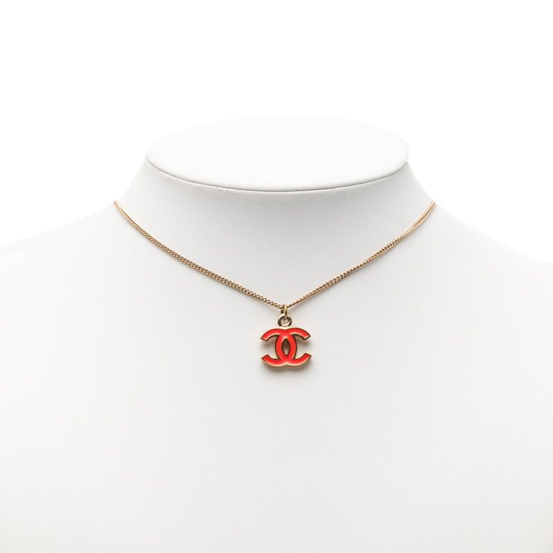 Chanel CC Logo Pendant Necklace Gold Red Plated Enamel