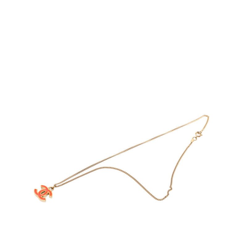 Chanel CC Logo Pendant Necklace Gold Red Plated Enamel