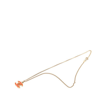Chanel CC Logo Pendant Necklace Gold Red Plated Enamel