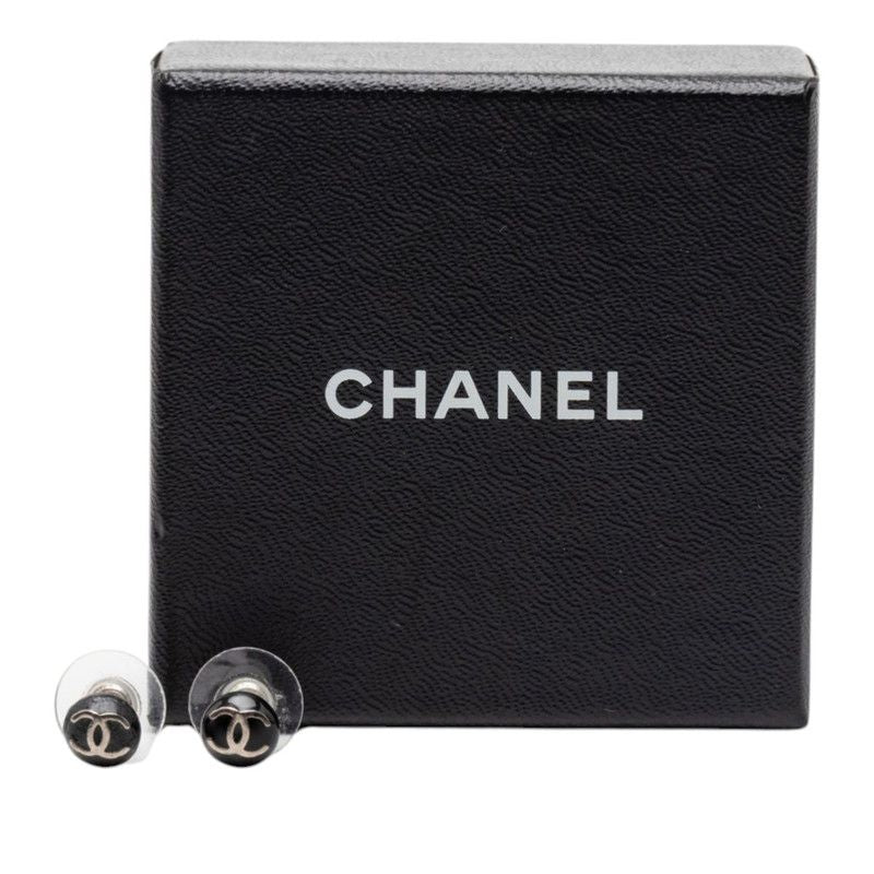 Chanel CC Logo Stud Earrings 03c Silver Black Metal Enamel