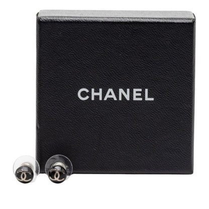 Chanel CC Logo Stud Earrings 03c Silver Black Metal Enamel