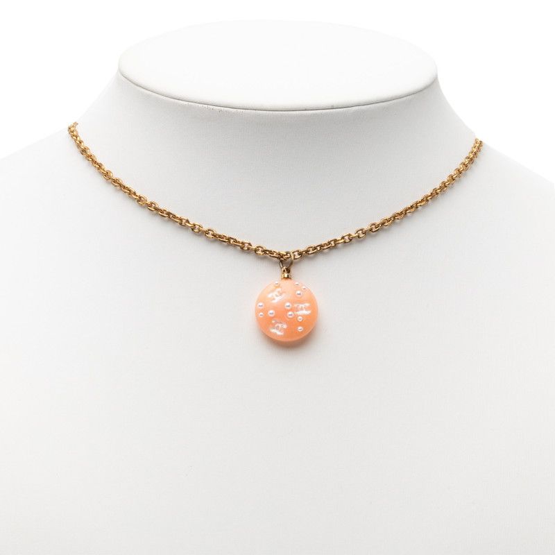 Chanel CC Logo Pendant Necklace Pink Gold Plated Plastic Faux Pearl