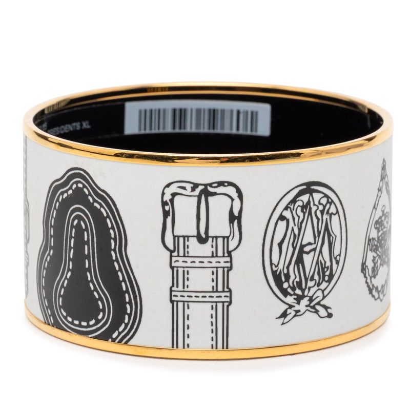 Hermes Enamel TGM Cloisonne Belt Motif Bangle Gold White Plated Bracelet
