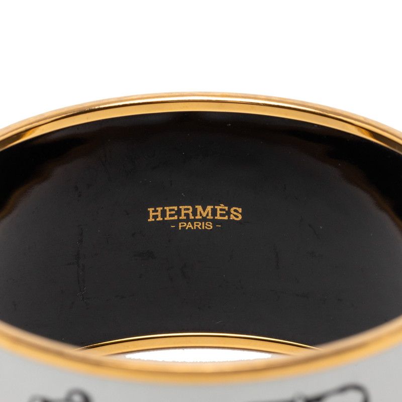 Hermes Enamel TGM Cloisonne Belt Motif Bangle Gold White Plated Bracelet