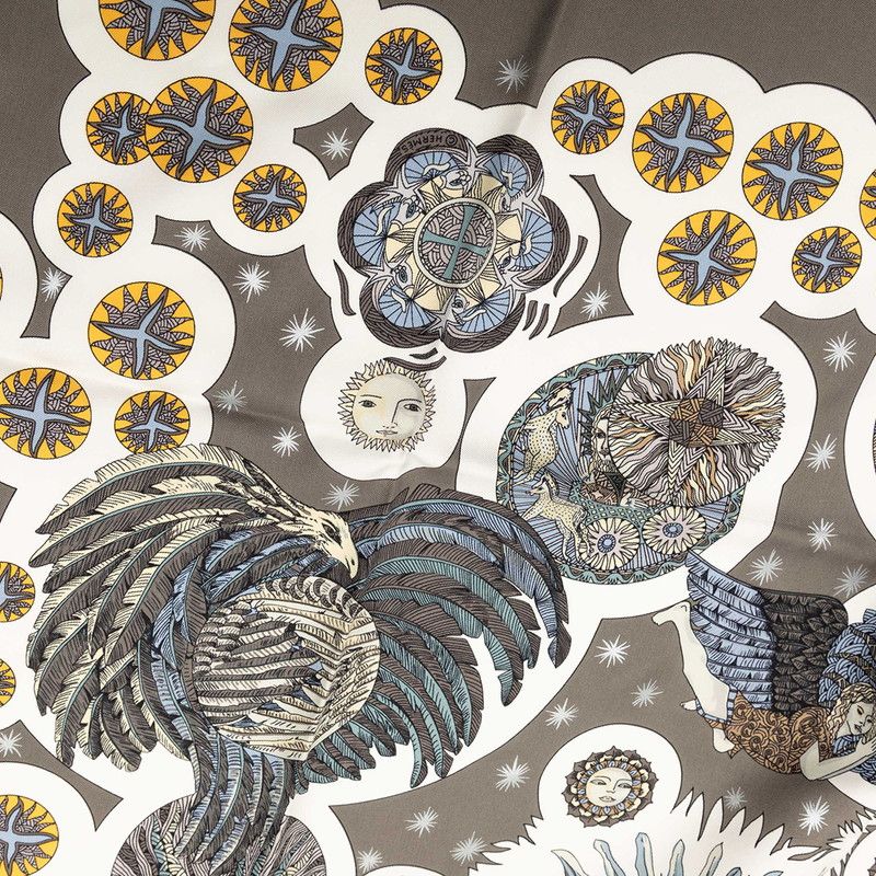 Hermes Carre 90 le Roy Soleil Sun King Scarf Gray Multicolor Silk