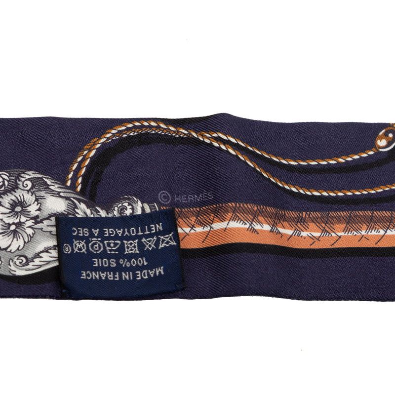 Hermes Twilly Cavalcades Cavalry March Scarf Navy Brown Silk