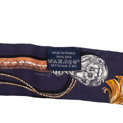 Hermes Twilly Cavalcades Cavalry March Scarf Navy Brown Silk