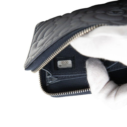 Chanel Camellia CC Logo Coin Purse Purple Navy Leather