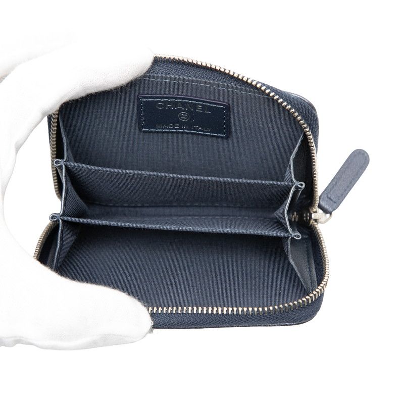 Chanel Camellia CC Logo Coin Purse Purple Navy Leather