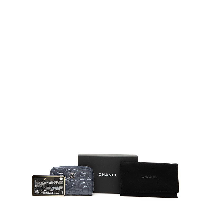 Chanel Camellia CC Logo Coin Purse Purple Navy Leather