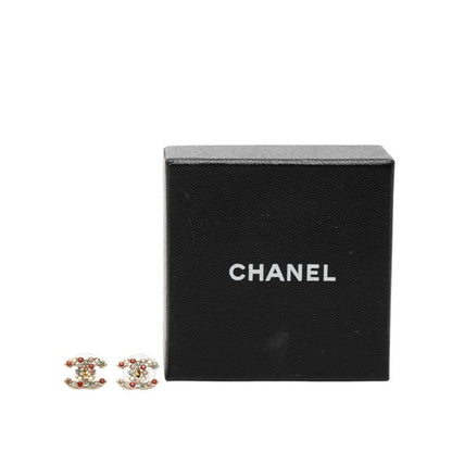 Chanel CC Logo Stud Earrings Gold Multicolor Plated Line Stone