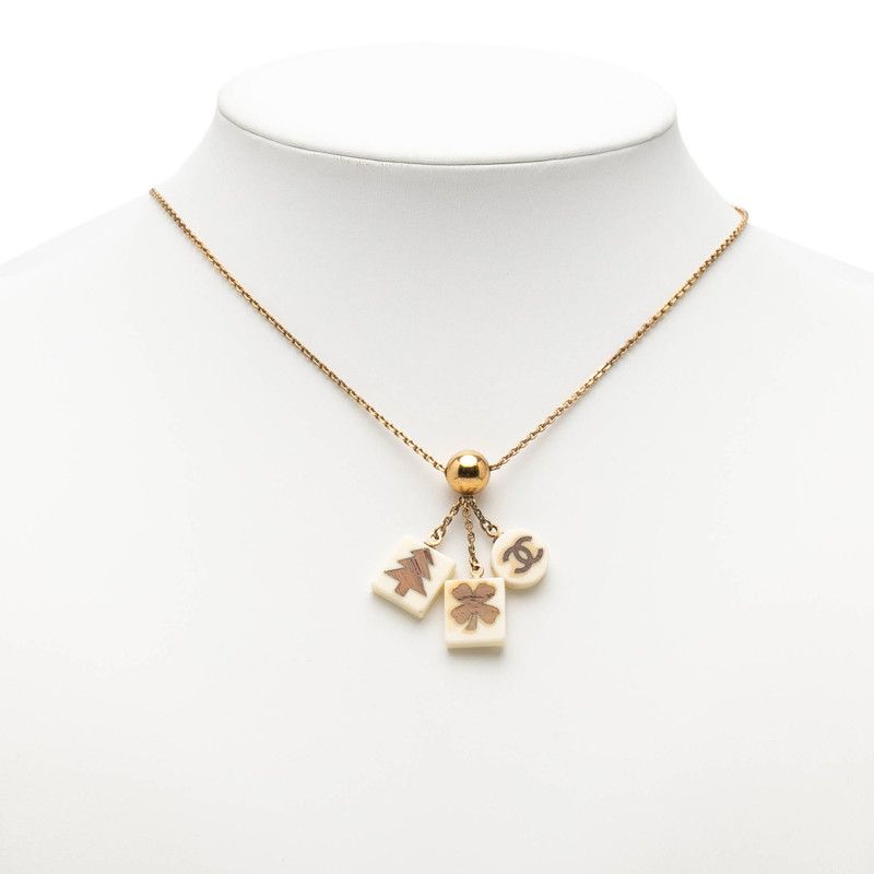 Chanel CC Logo Tree Clover Necklace Gold Ivory Plated