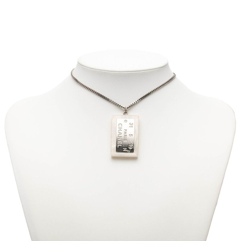 Chanel Logo Plate Necklace Silver White Metal