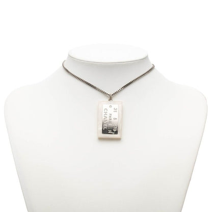 Chanel Logo Plate Necklace Silver White Metal