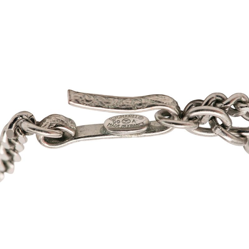 Chanel Logo Plate Necklace Silver White Metal