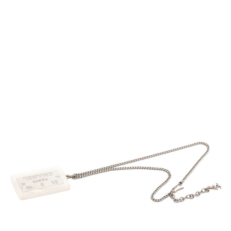 Chanel Logo Plate Necklace Silver White Metal