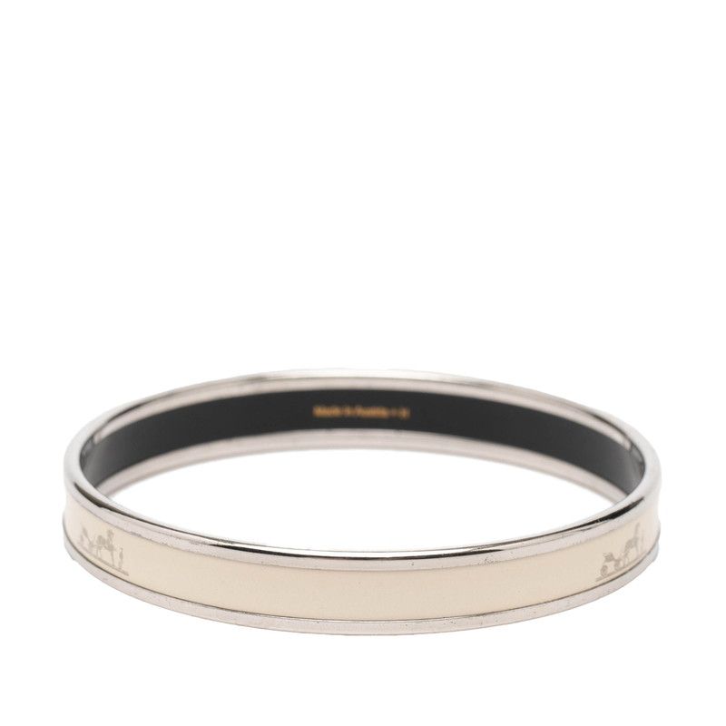 Hermes Enamel PM Carre School Carriage Logo Bangle Silver Ivory Metal Bracelet