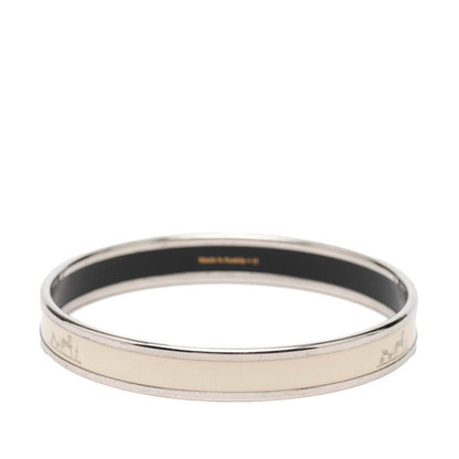 Hermes Enamel PM Carre School Carriage Logo Bangle Silver Ivory Metal Bracelet