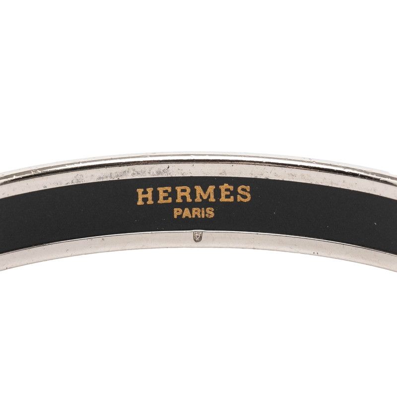 Hermes Enamel PM Carre School Carriage Logo Bangle Silver Ivory Metal Bracelet