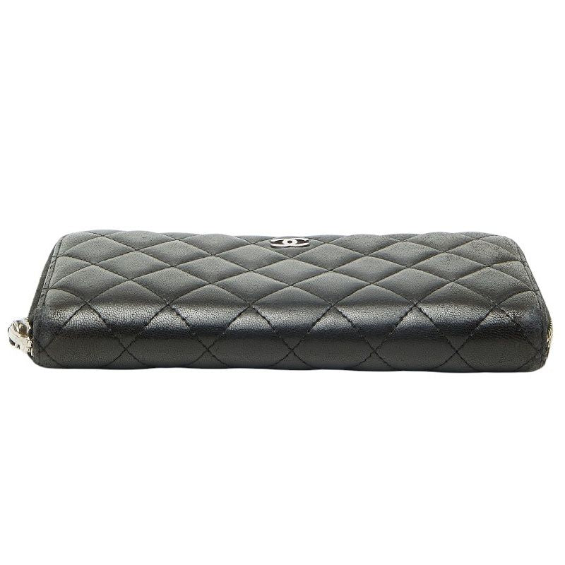 Chanel Quilted CC Logo Zip Around Wallet Black Lambskin