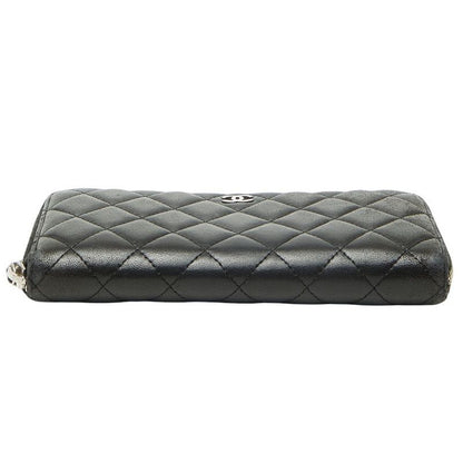 Chanel Quilted CC Logo Zip Around Wallet Black Lambskin