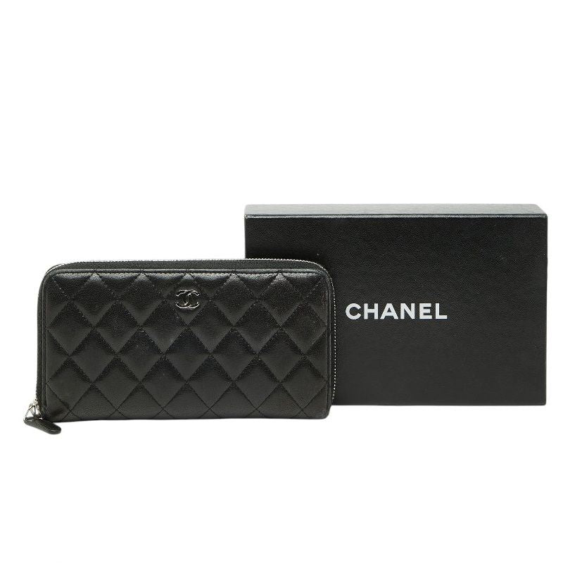 Chanel Quilted CC Logo Zip Around Wallet Black Lambskin