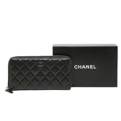 Chanel Quilted CC Logo Zip Around Wallet Black Lambskin