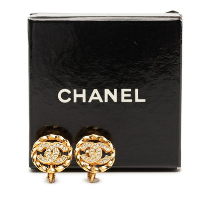 Chanel CC Logo Earrings Gold Plated Line Stone