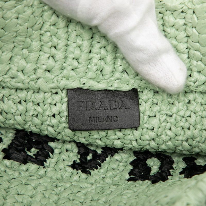 Prada Triangle Logo Small Crochet Tote Green Raffia