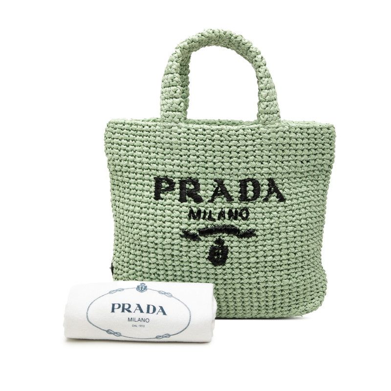 Prada Triangle Logo Small Crochet Tote Green Raffia