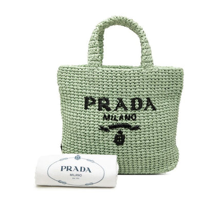 Prada Triangle Logo Small Crochet Tote Green Raffia