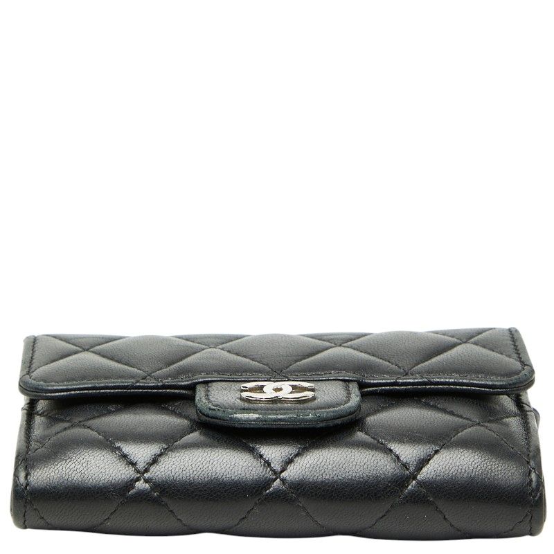 Chanel Quilted CC Logo Card Case Coin Purse Black Lambskin