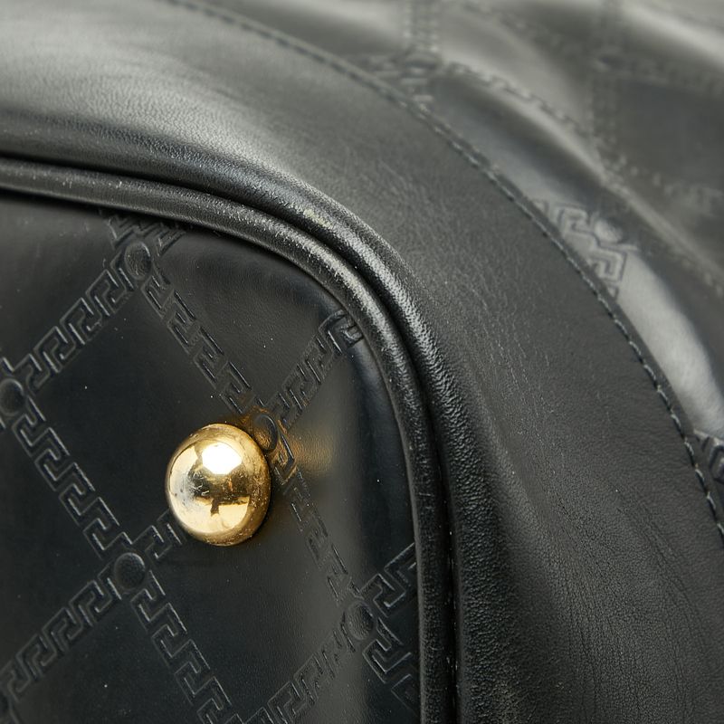 Versace Sunburst Greca Boston Bag Tote Black Gold Leather